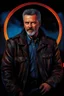 Placeholder: 58-year-old Elvin P. Resley with crew-cut dark brown hair tapered on the sides, gray goatee, bushy eyebrows, blue eyes, wearing a leather jacket - pitch black background with an overhead spotlight effect, extremely colorful, oil painting by Jim Lee