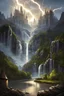 Placeholder: Medieval castle, mountainside, river with waterfall, stormy night, lightning, single image, no people