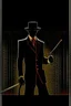 Placeholder: A shadow man standing behind the movie theater, his face is black, with light red eyes and sharp teeth, he is wearing a formal suit and a black hat, and he is holding a golden cane.