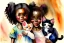 Placeholder: A cute smiling Afro-American girl is holding a kitten. Watercolour