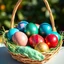 Placeholder: digital photograph of off-center modern basket colorful Easter eggs. eggs display intricate textures in azure, emerald, blush, crimson, sapphire, and gilded metallic hues. cinematic HDR backlighting highlights subtle dimples and glossy reflections, with shallow depth of field softening the sunlit background. hyperrealistic 8k resolution,
