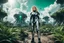 Placeholder: Wide angle photo of a sci-fi woman with blond hair, silver and black futuristic spacesuit looking android-like, standing on an derelict alien jungle planet with cloud trees in multiple green hues