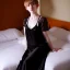 Placeholder: Realistic photo Russian shorthair beautiful 20-years guy boyish boylike wide hips in black nightgown in hotel