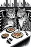 Placeholder: Two cats, sitting at a table, eating pizza,perfect iris, ink and pencil, style Elisabeth Kreitz