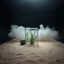 Placeholder: A photo of a closed environment in a dark closed space. In the background there is a forest. At the center, a structure made of plastic. Some electronical devices. Plants, clouds. The surface below appears to be sandy, with small accumulations of sand. Fog, powder. In the background, other forms or structures are visible, some of which are thin and transparent. The photo was taken with a Hasselblad H6D 400c camera.