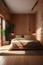 Placeholder: Generate a small but spacious bedroom, with light, vegetation and made out of wood. A view of different perspectives