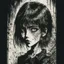 Placeholder: create a disturbing horror full body pen and ink sketch of a dark haired, savage, gothpunk vampire girl with highly detailed , sharply defined hair and facial features, in a dark, otherworldly London in the style of Junji Ito, precisely drawn, inked, with dramatic edges,