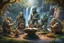 Placeholder: book cover oil painting of archeologists discovering woodland creatures in Rivendell worshipping big fat alien troll statues with many head and idols like from a myth or legend, on a strange planet with weird colors and waterfalls, bokeh like f/0.8, tilt-shift lens 8k, high detail, smooth render, down-light, unreal engine, prize winning