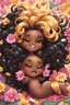 Placeholder: A sassy thick-lined airbrushed cartoon black chibi girl lounging lazily on her side, surrounded by flower petals. She has a golden lion tail curling playfully behind her curvy body. Looking up coyly, she grins widely, showing sharp lion teeth. Her poofy hair forms a mane framing her confident, regal expression.