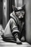 Placeholder: One single mature homeless cat with worn out clothes, sleeping in a corner on the street, Vienna, mourning, model style, hyper realistic, extremely accurate, delicate, extremely detailed, Graphic novel style, wide-angle, open aperture, superfine pencil