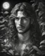 Placeholder: Adam in the garden of Eden, with long wavy hair, at night ,Chiaroscuro, hyper realism, realistic, highly detailed, high contrast black and white, sharp