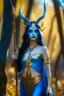 Placeholder: A picture of a beautiful blue faced Indian goddess with skin painted blue, blue body, blue torso, wild black hair, stag antlers, elven ears, golden skirt, holding a staff in a sunny forrest