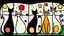 Placeholder: a playful abstract stained glass window in the style of Joan Miró, featuring six minimalist cats made of bold black lines and simplified organic shapes. The composition includes floating eyes, moons, dots, and stars in primary colors — red, yellow, blue — mixed with bright green and black. Each cat is reduced to essential forms: circles, curves, sharp ears, long tails, integrated into a colorful, free-flowing pattern. The stained glass has a modern, light-hearted energy, filled with whimsical sy