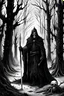 Placeholder: Dark fantasy gothic old ink art a 20 years old dark satanic wizard with sword and corpse paint, black clothes in a cold forest