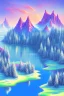 Placeholder: mountain with strawberry ice-cream on top, lake, trees, mystical, Post-painterly abstraction