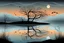 Placeholder: Illustration of a lonely dark tree with barren branches stands on a water's edge, reflected in the water, fog, crows on the sky, mystical landscape, sinister mood, line art