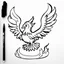 Placeholder: Make black and white cute drawing of a phoenix with black bold lines. Only outline, no grayscale. A glowing phoenix rising from flames.