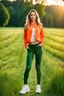 Placeholder: fullbody shot of young-beautiful-girl-with-a-perfect-face wearing sport pants and sport orange blouse and sport jacket and shoes standing in country side green field day lights