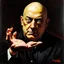 Placeholder: Bald Aleister Crowley holding one hand revealing an eye in his palm, psychedelic, surreal, by Dave McKean