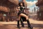 Placeholder: photorealistic exotic sci-fi steampunk slim pin-up girl in black shoes, in a futuristic sci-fi wild west town