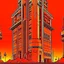 Placeholder: cyberpunk retro futuristic for comics skyscraper from far away in orange