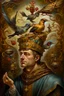 Placeholder: painting of a skinny surreal medieval man with a crown and birds on his head, heather theurer, an overweight, a beautiful artwork illustration, bitter, bells, carson ellis, catholic religious art, caretaker, nun, around a neck, daniel lezama painting style, dunce, whimsy, mark brown, monk