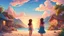 Placeholder: 2 young girls in a village with nature, mountains and blue sky surrounding a beach with a beautiful sunset style cartoon