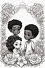 Placeholder: create a outlined coloring page of a chibi black characters of a couple surrounded by flowers. Pay attention to the details of the faces and flowers and the emotions conveyed by the couple. White background, sketch style, half of body, use outline, Mandala style, clean line art, no shadows, no coloring, no shading, no grey.