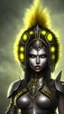 Placeholder: A woman has tanned skin, yellow eyes and black dreads. Her face show her superiority in the eyes of others. She is dressed in a steel armor with a few pieces of yellow and green fabric sticking out.