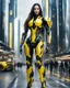 Placeholder: length image full body photo realistic high details beautiful woman long hair with body mechanical bLack and yellow inspired design by bumble bee transformer robot sense of luxury technology future, on walk in futuristic city background