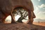 Placeholder: create a surreal image of a giant human head fused with the earth, surface made of dry cracked clay. A large tree grows through the hollow of the face, its branches spreading outward. The desert floor is ancient and textured, sky glows with soft sunlight and clouds. Poetic, mystical tone, ultra-detailed visual storytelling --v 7 --style raw --ar 3:4