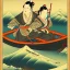 Placeholder: Ukiyo-e styled art, stream, mountain, sun, family on a boat