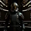 Placeholder: star wars bald male corellian pilot wearing gunmetal grey and black First Order armored special forces TIE pilot flightsuit and helmet with gold trim inside the jedi temple, centered head and shoulders portrait, hyperdetailed, dynamic lighting, hyperdetailed background, 8k resolution, volumetric lighting, fully symmetric details