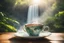 Placeholder: steaming tea in a beautiful china cup on a wooden table, rainforest and a waterfall in the distance in sunshine, ethereal, cinematic postprocessing, bokeh, dof