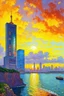 Placeholder: Amazing sunset, buildings, rocks, distant city, cyberpunk, sci-fi, claude monet impressionism paintings