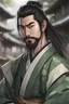 Placeholder: portrait of a 30 years old samurai, strong, heroic character, D&D character, bushido warrior, handsome, serious look, gentle smile, noble like, merchant, 8k resolution, long black hair, green yukata with tortoise signets, no left arm, trim beard,japanese harbor in the background