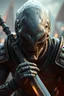 Placeholder: Aliens , d&d character art masculine features, with daggers light , deep coal-gray skin, 8k, 3d cgi, unreal engine 6, high detail, intricate, cinematic battle background