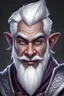Placeholder: Generate a dungeons and dragons character portrait of the face of a male sorcerer smiling handsome deep gnome with white eyebrows like snow. He has dark gray skin like a drow. He has white hair, eyebrows, moustache and goatee. He's 19 years old.