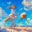 Placeholder: A girl is riding a bicycle on the beach. His cat is sitting in the front basket of the bicycle. Spring flowers can be seen everywhere. Beautiful blue sky with white clouds - kites in the sky. sense of peace. digital art, anime, 8k, full details, colorful, high resolution