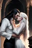 Placeholder: Strahd Von Zarovich being kissed by a beautiful woman with white hair, wearing an off the shoulder dress. Settling and background are a lavish toomb with an ebony coffin. Remove facial hair.