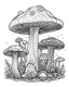 Placeholder: mushroom world minimalistic landscape. line art, background, vector, svg, coloring book page style, black outline on white background