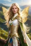 Placeholder: Realistic photography,young female elf, beautiful blonde shoulder length straight hair, front_view, looking at viewer, blonde long hair, intricate golden and white armor, delicate golden and white filigree, golden metalic parts, detailed part, butterflies in background, glowing blue eyes, dynamic pose, intricate green cape, dynamic lighting, full body shot, on a hill overlooking a mountain