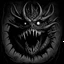 Placeholder: Create a monochromatic Black Metal album cover of a very detailed and demonic beholder from dungeons and dragons with a scary eye and lots of fangs and teeth