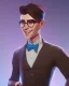 Placeholder: tall young man witbh square glasses, brown hair and grey eyes. He wears blue shirt, dark tails, bow tie and colorful chimney pot hat. He is dancing and laughing.