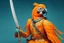 Placeholder: half parrot half human in a orange Dutch uniform with a katana having a sword fight