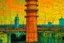 Placeholder: An orange colored tower in an electrical city painted by Vincent van Gogh