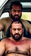 Placeholder: full body shot photography of an Italian sicilian taxi driver burly ugly sitting in the taxi, chubby tired 55 years old driving shirtless, bullneck, thin gold chains, short beard, sweat, short hair, bulge, robust, manly chest, looking down, big shoulders,, photorealistic, side light, ambient occlusion, tired eyes. 35mm lens, internal view inside the Taxi