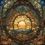 Placeholder: a stained glass whimsical stylized fractal recrusive gothic with sunrise backdrop living room