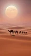 Placeholder: realistic photo of a landscape covered in sands that looks futuristic with futuristic lighting , a caravan of camels