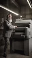 Placeholder: italian strong chubby 55 year old man in smart gray suit, unbuttoned shirt, short beard, shirtless, printer in an old printing house, next to a huge old printer, dim light, side light, ambient occlusion